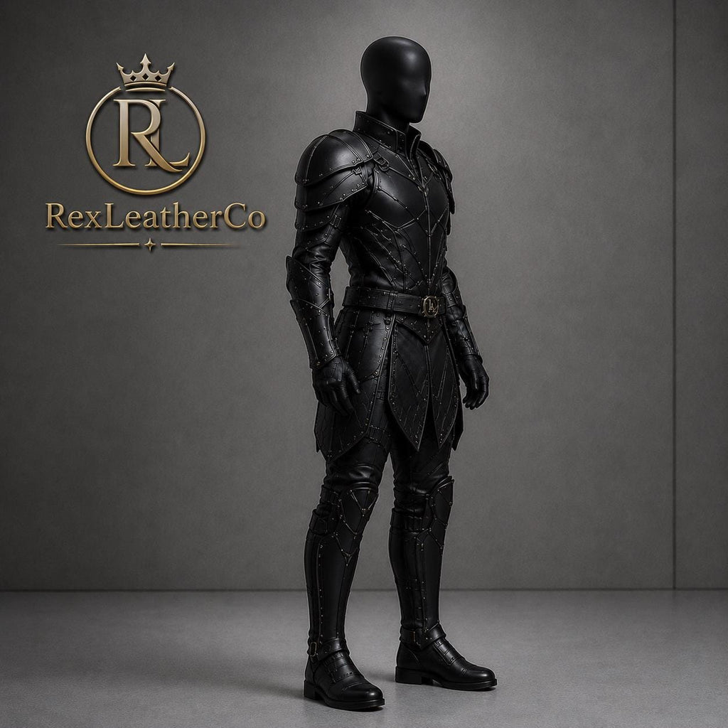 Black Leather Knight Armor Costume, Medieval Warrior Full Body Cosplay Suit