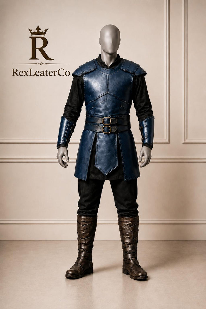 Handmade Blue Leather Armor Costume, Medieval Fantasy Warrior Outfit (Custom Sizing)