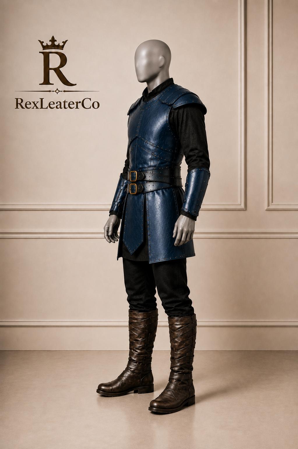 Handmade Blue Leather Armor Costume, Medieval Fantasy Warrior Outfit (Custom Sizing)