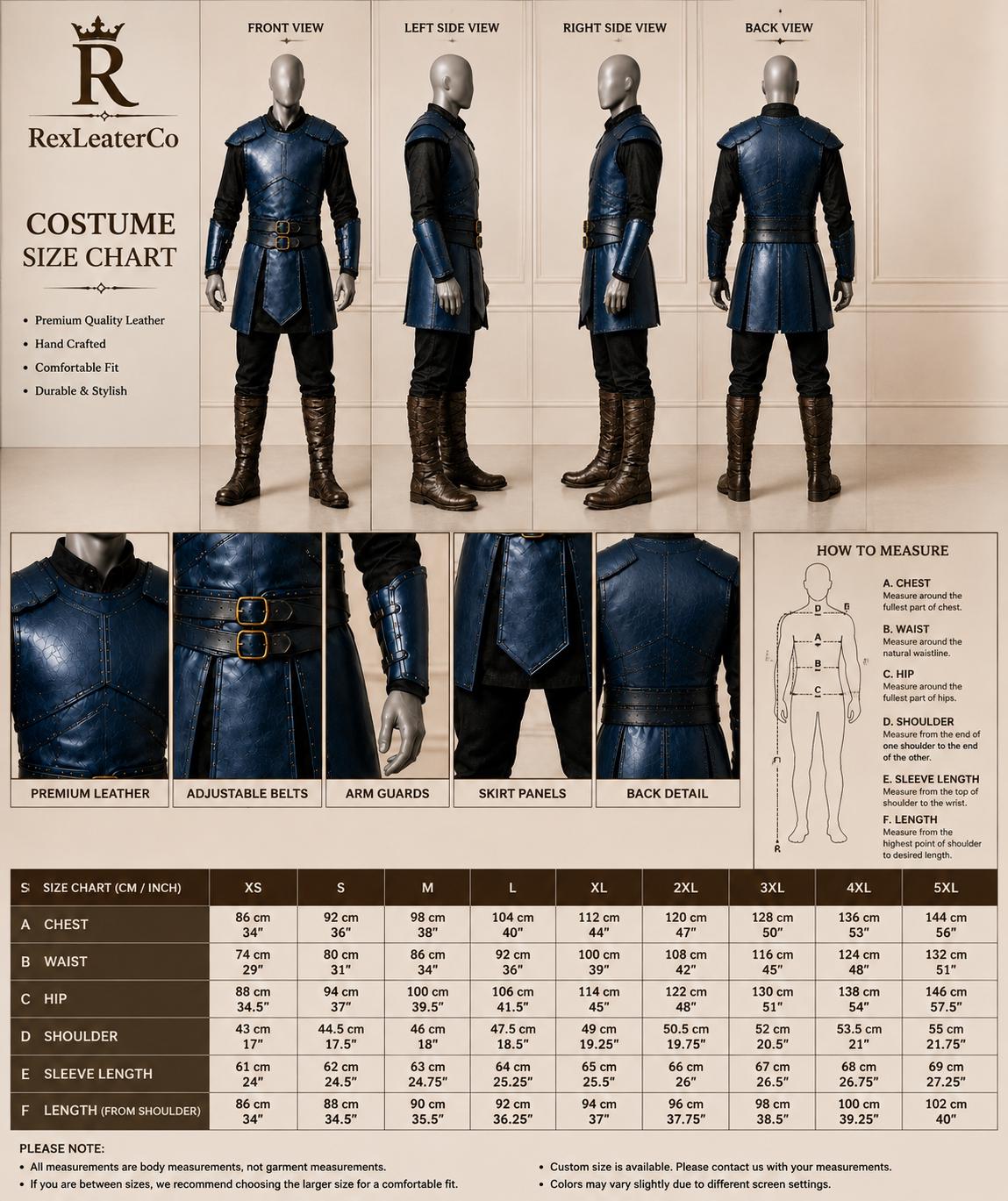 Handmade Blue Leather Armor Costume, Medieval Fantasy Warrior Outfit (Custom Sizing)
