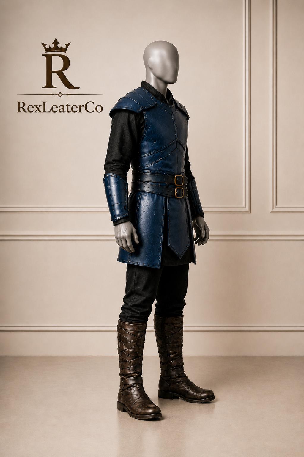 Handmade Blue Leather Armor Costume, Medieval Fantasy Warrior Outfit (Custom Sizing)