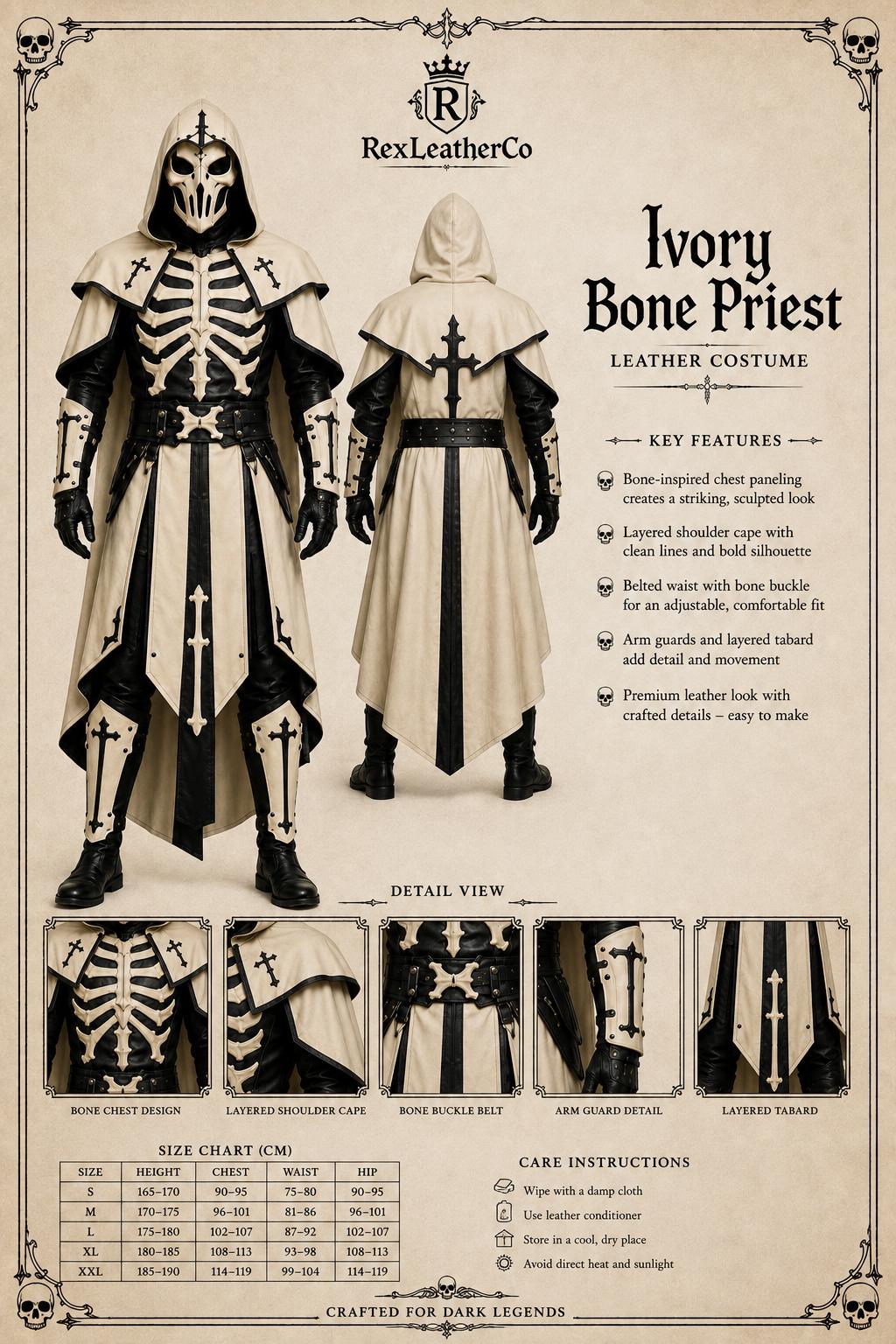 Ivory Bone Priest Leather Costume, Gothic Skeleton Armor Outfit, Hooded Fantasy Cosplay, Medieval LARP Costume, Halloween Armor