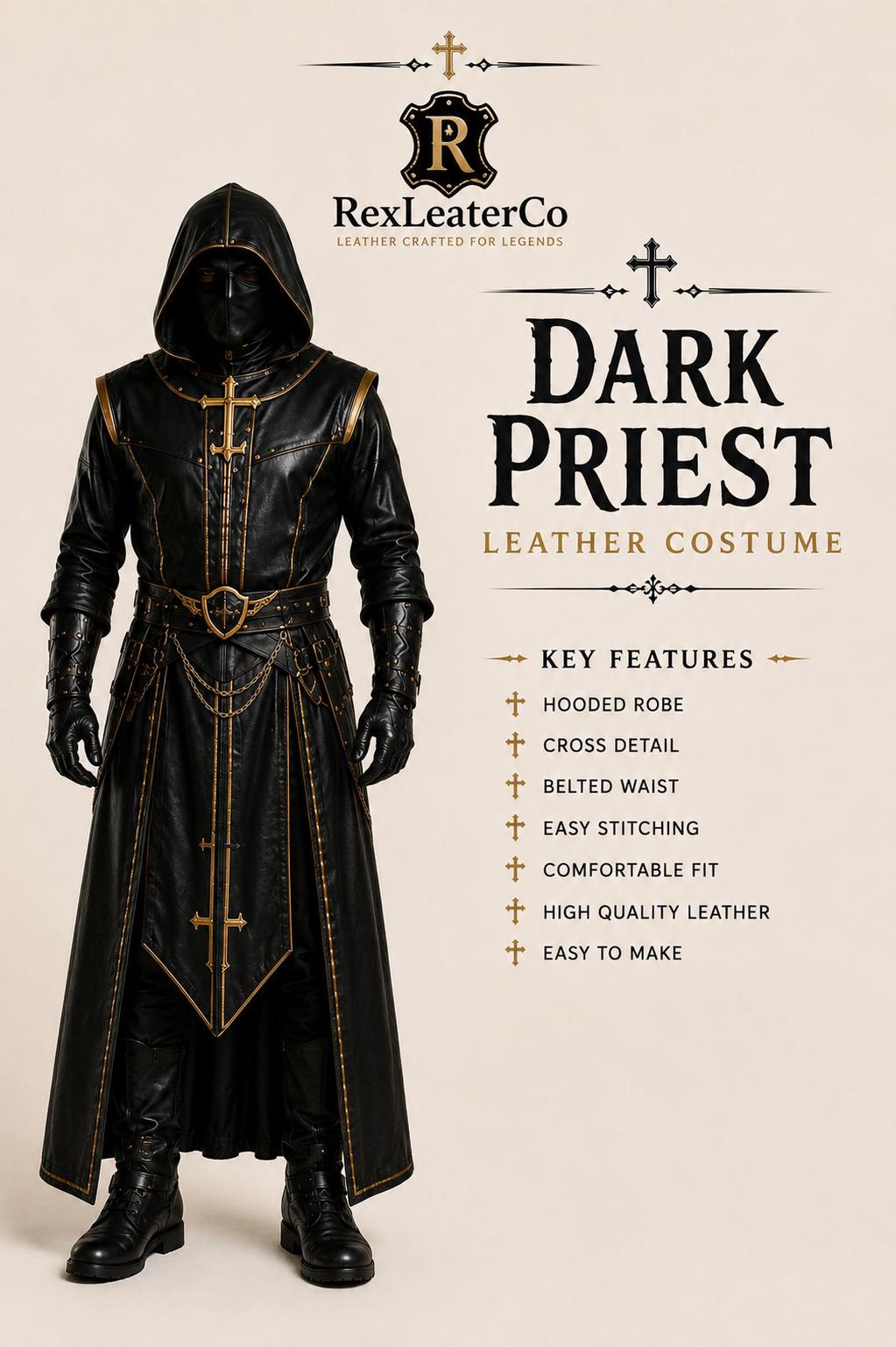 Handcrafted Dark Priest Leather Costume, Hooded Gothic Robe, Cross Detailing (Custom Fit)