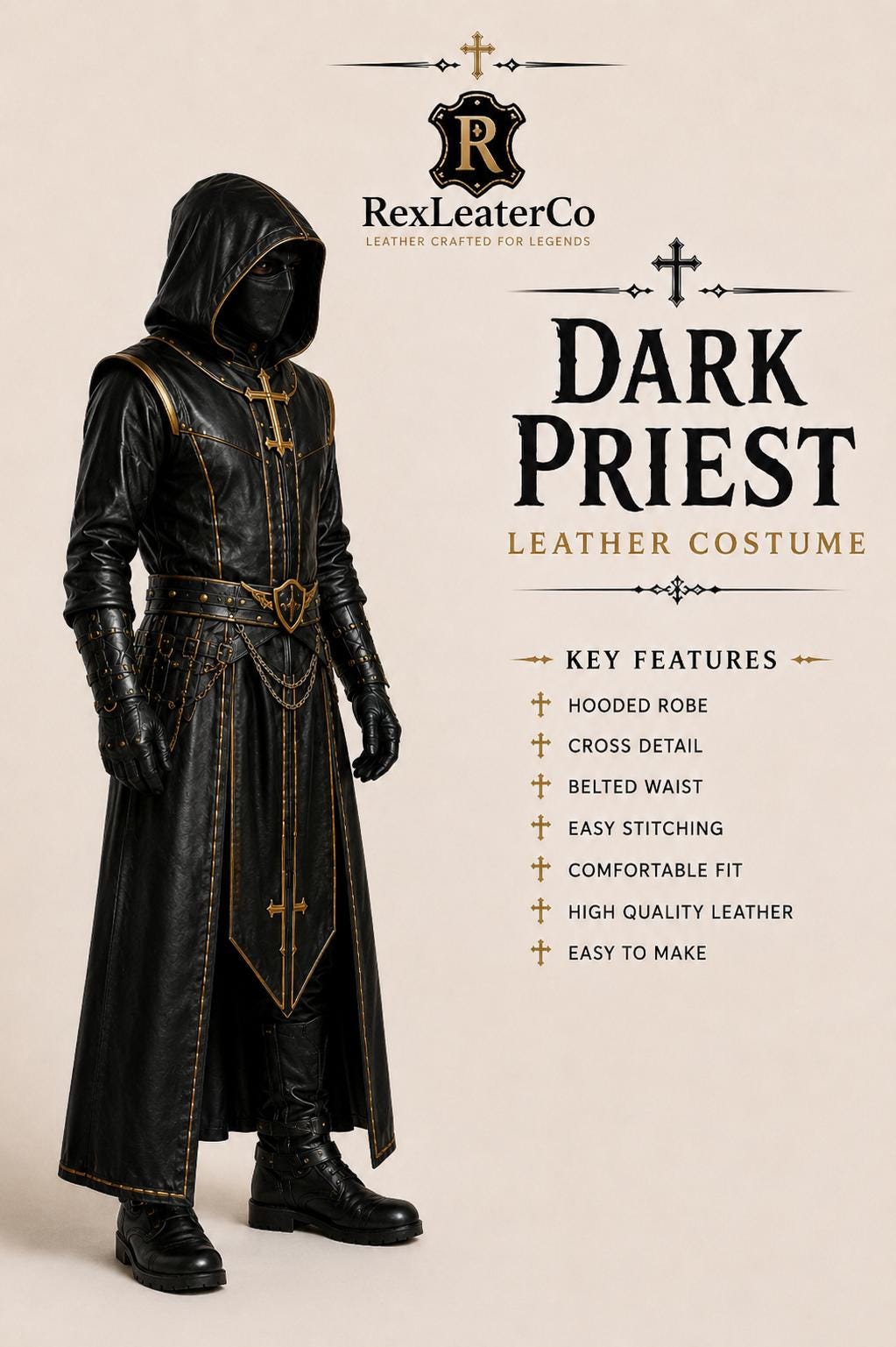 Handcrafted Dark Priest Leather Costume, Hooded Gothic Robe, Cross Detailing (Custom Fit)