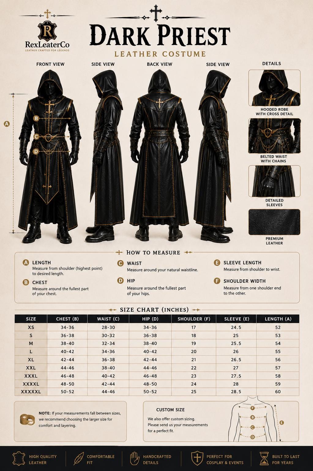Handcrafted Dark Priest Leather Costume, Hooded Gothic Robe, Cross Detailing (Custom Fit)
