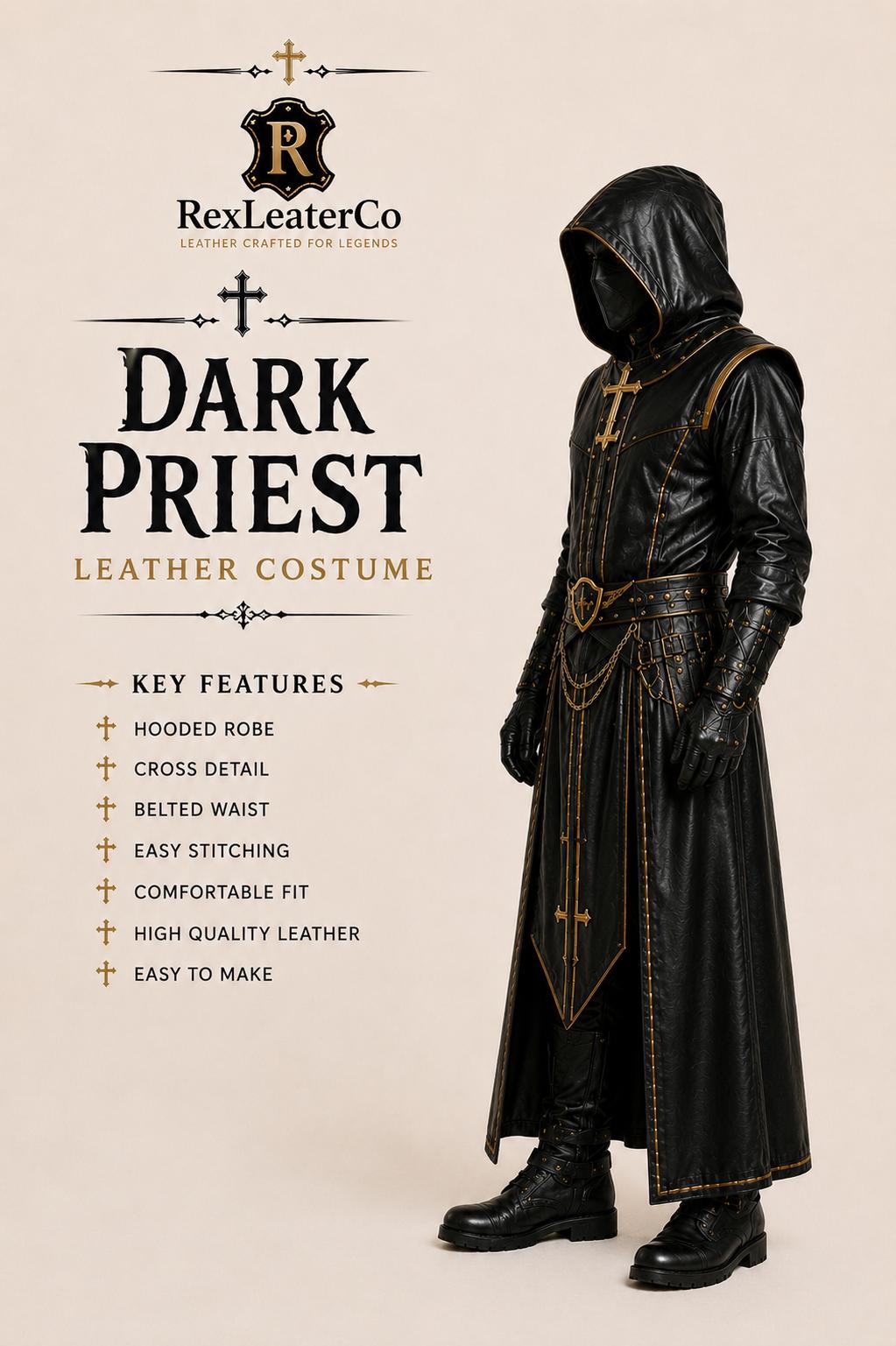 Handcrafted Dark Priest Leather Costume, Hooded Gothic Robe, Cross Detailing (Custom Fit)