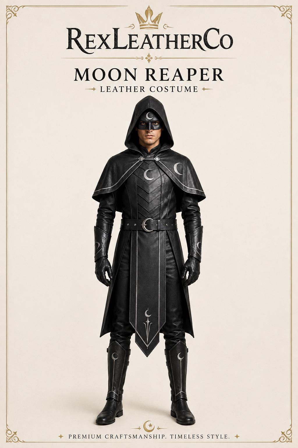 Handmade Moon Reaper Leather Costume, Gothic Fantasy Armor, Hooded Cape, Crescent Moon Detailing