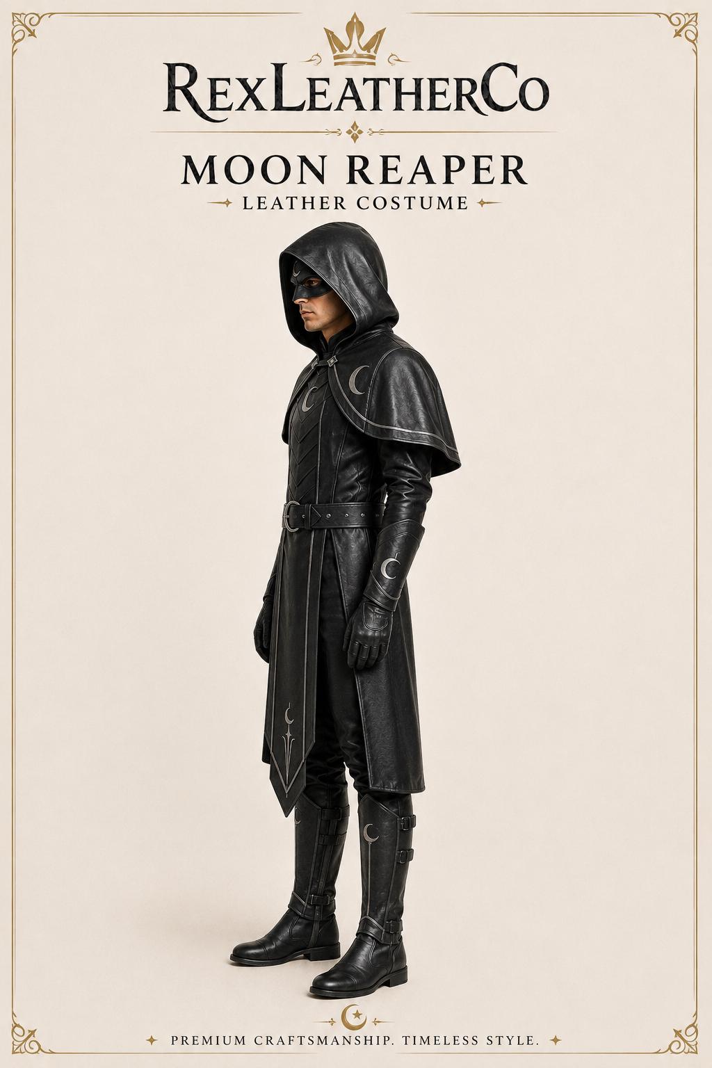 Handmade Moon Reaper Leather Costume, Gothic Fantasy Armor, Hooded Cape, Crescent Moon Detailing
