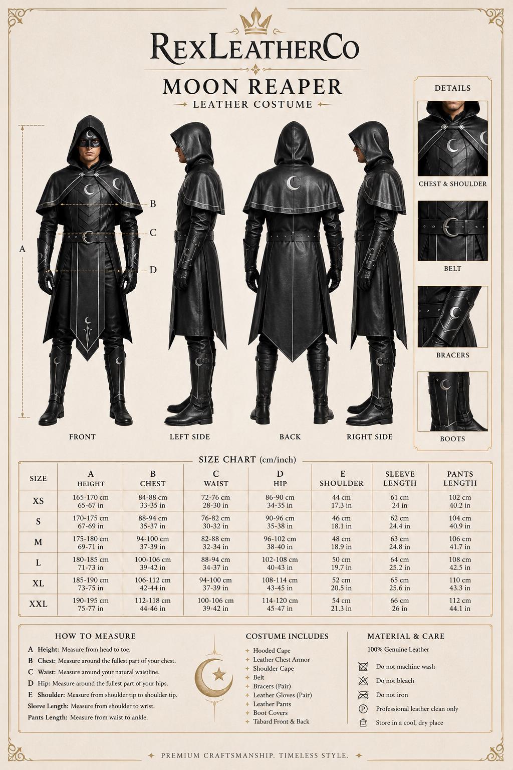 Handmade Moon Reaper Leather Costume, Gothic Fantasy Armor, Hooded Cape, Crescent Moon Detailing