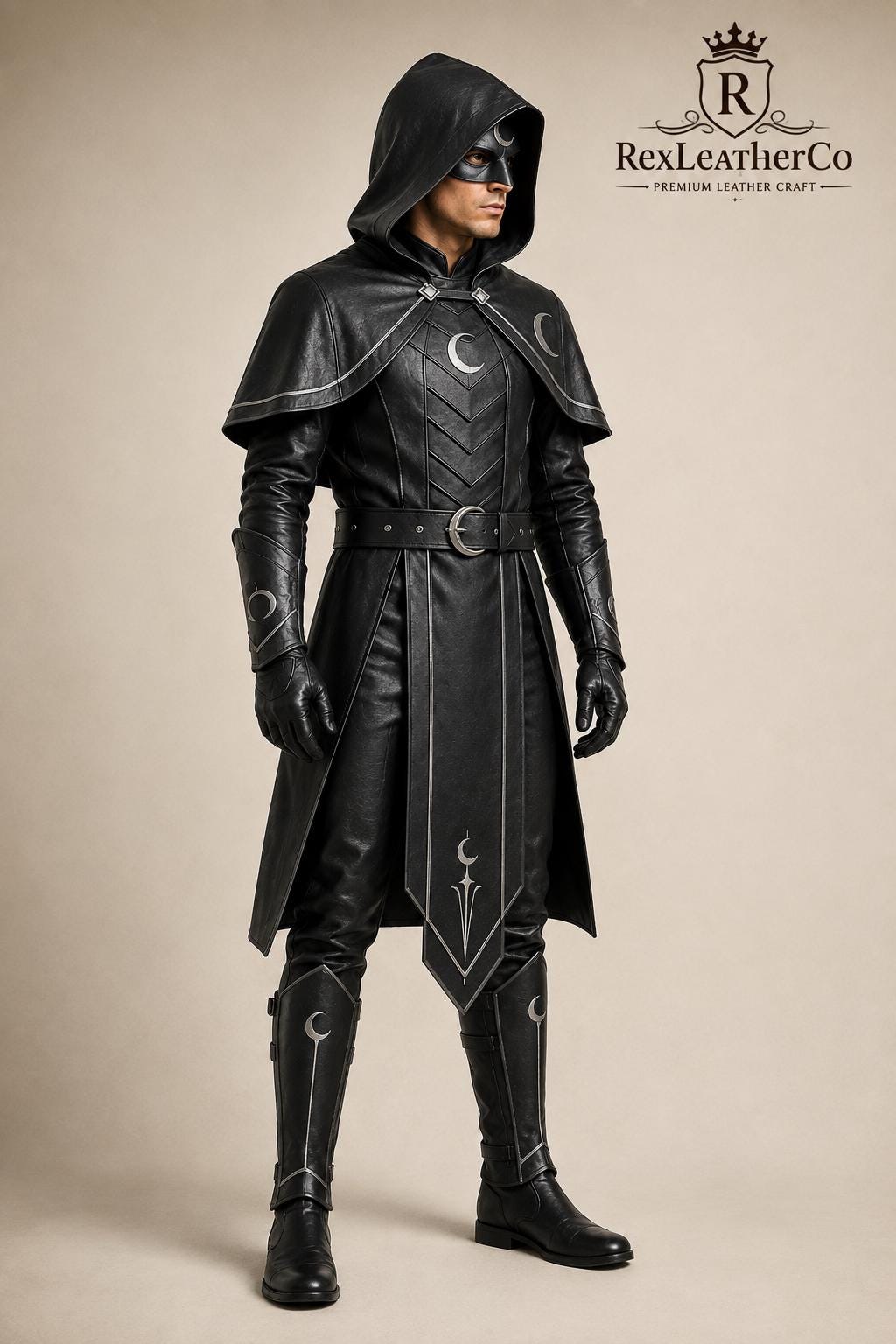Handmade Moon Reaper Leather Costume, Gothic Fantasy Armor, Hooded Cape, Crescent Moon Detailing