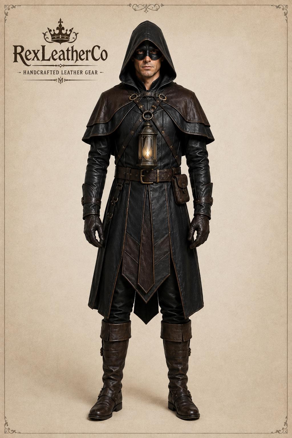 Handmade Black Brown Leather Assassin Costume, Hooded Medieval Ranger Outfit (LARP Cosplay)