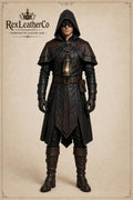 Handmade Black Brown Leather Assassin Costume, Hooded Medieval Ranger Outfit (LARP Cosplay)