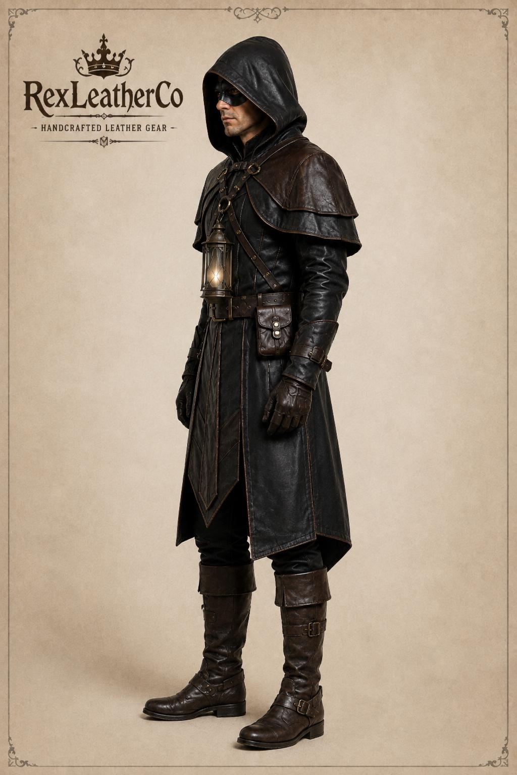Handmade Black Brown Leather Assassin Costume, Hooded Medieval Ranger Outfit (LARP Cosplay)