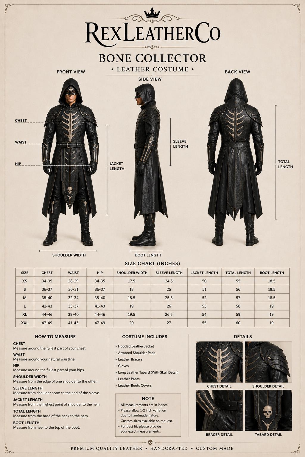Handmade Black Leather Bone Collector Costume – Gothic Medieval Warrior Outfit (Custom Sizing)