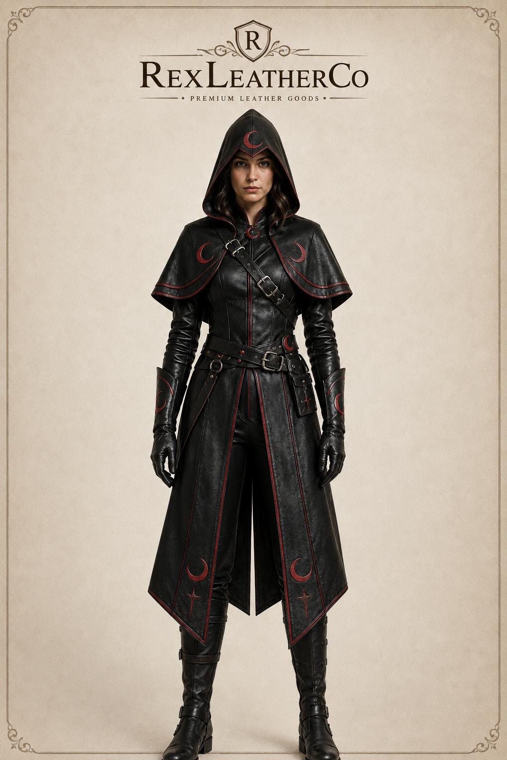 Handmade Black Leather Hooded Costume, Gothic Fantasy Assassin Outfit (Custom Sizing)