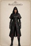 Handmade Black Leather Hooded Costume, Gothic Fantasy Assassin Outfit (Custom Sizing)