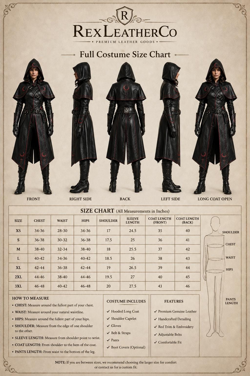 Handmade Black Leather Hooded Costume, Gothic Fantasy Assassin Outfit (Custom Sizing)