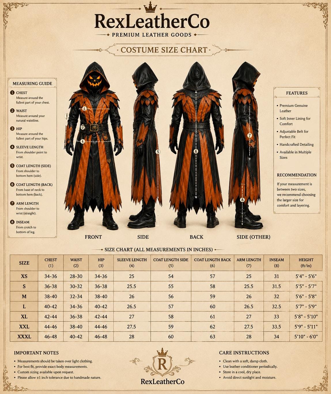 Handmade Leather Halloween Costume, Gothic Pumpkin Mask, Black Orange Cosplay Outfit