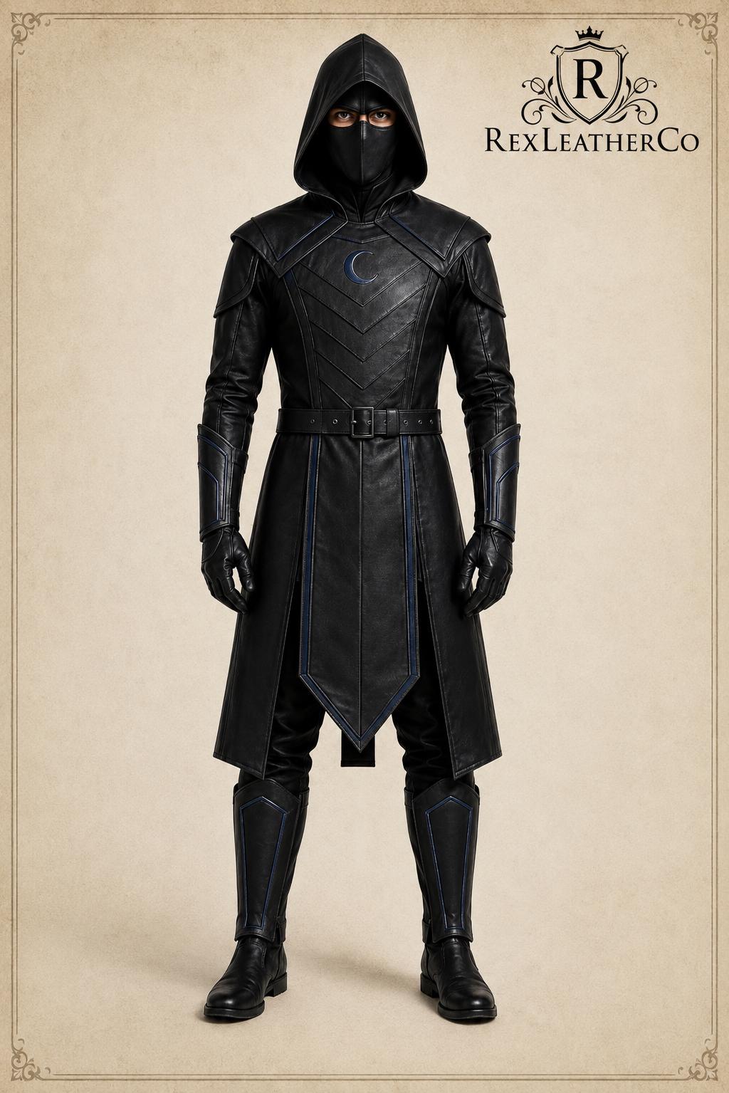 Handmade Black Leather Hooded Assassin Costume, Gothic Fantasy Warrior Outfit (Custom Sizing)