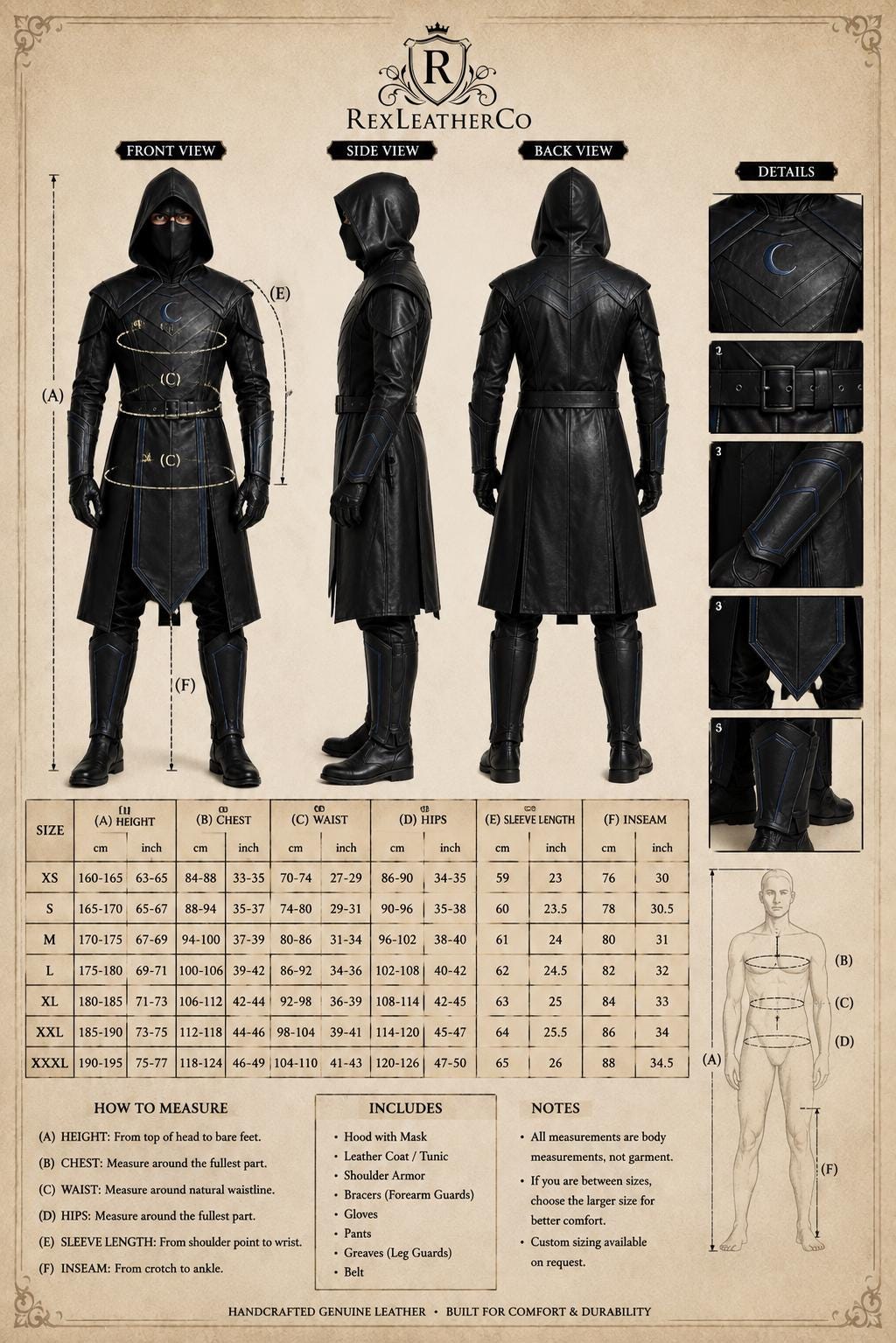 Handmade Black Leather Hooded Assassin Costume, Gothic Fantasy Warrior Outfit (Custom Sizing)