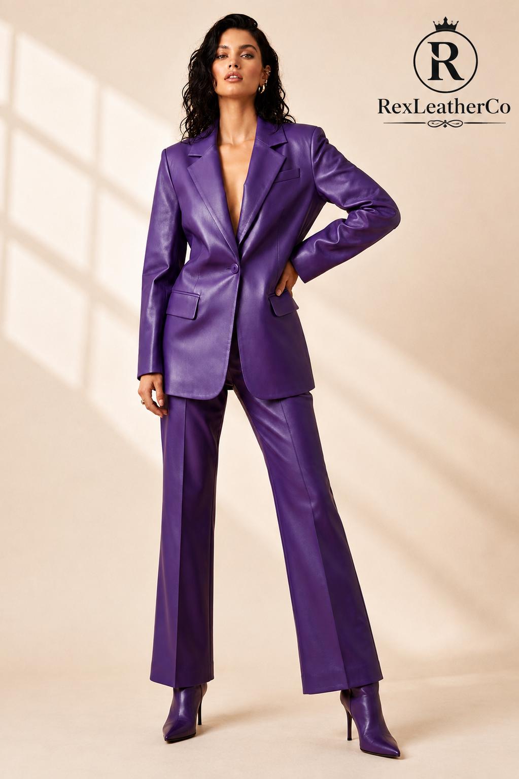 Purple Genuine Leather Women's Suit, Tailored Blazer and Trousers Set