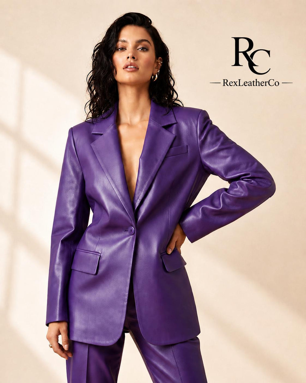 Purple Genuine Leather Women's Suit, Tailored Blazer and Trousers Set