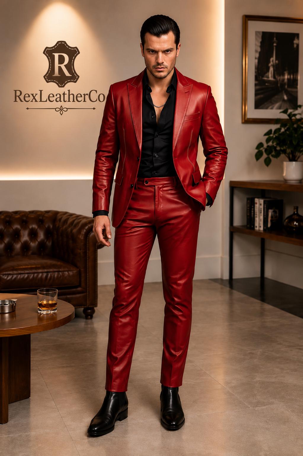 Men's Red Genuine Leather Suit, Slim-Fit Blazer and Pants Set, Handmade Outfit