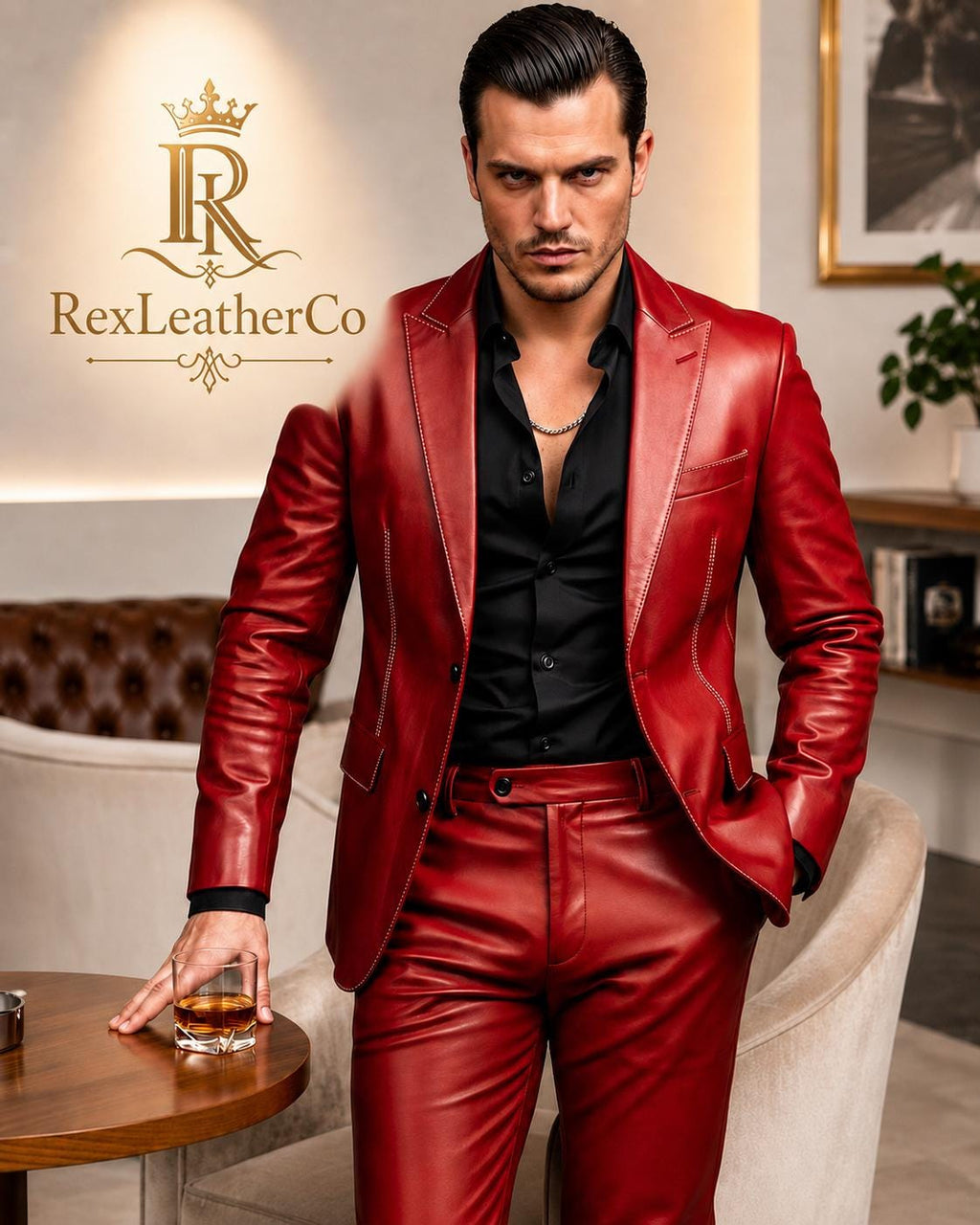 Men's Red Genuine Leather Suit, Slim-Fit Blazer and Pants Set, Handmade Outfit
