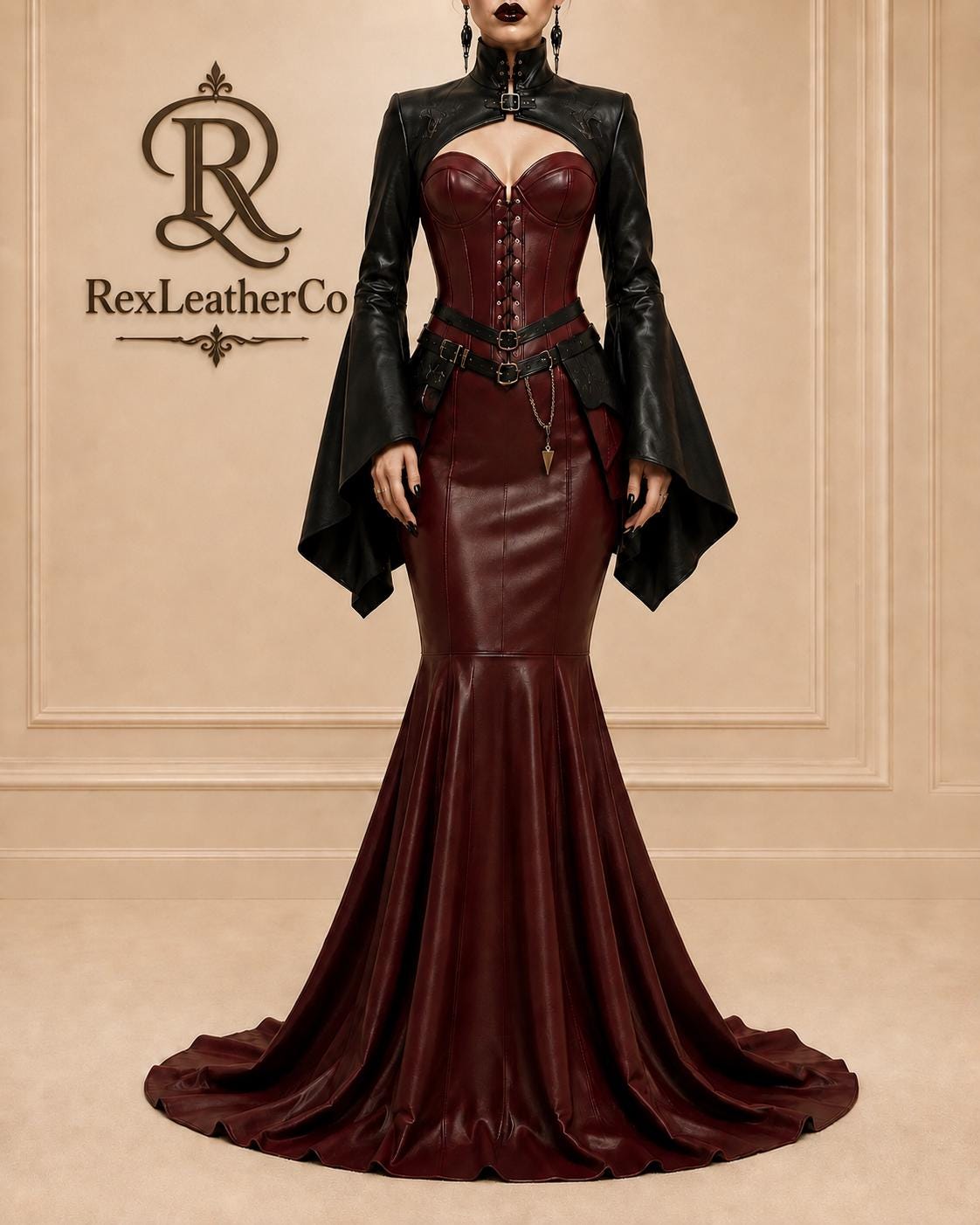 Burgundy Leather Mermaid Dress, Gothic Corset Gown, Black Leather Bolero, Handmade Fetish Fashion, Custom Leather Costume