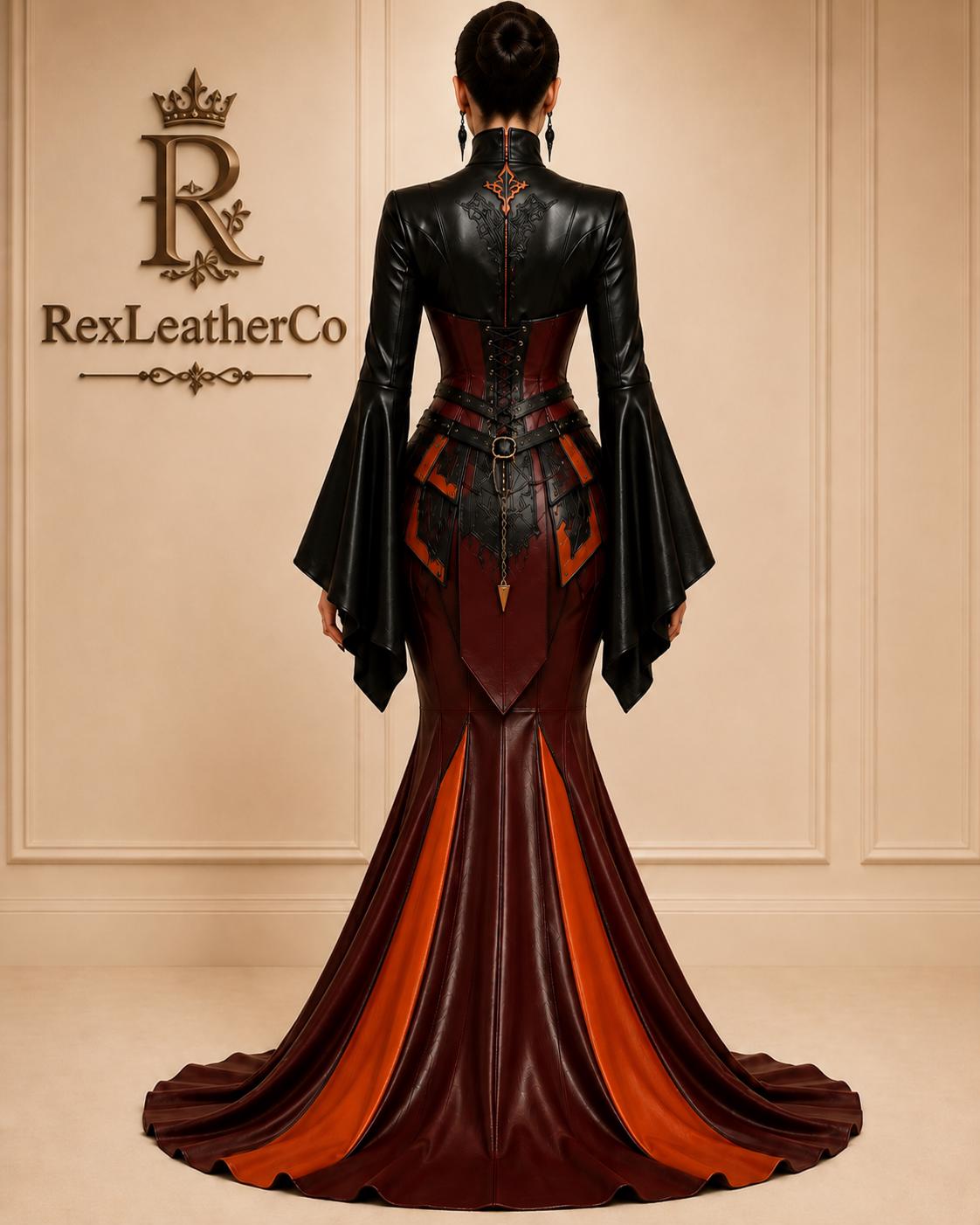 Burgundy Leather Mermaid Dress, Gothic Corset Gown, Black Leather Bolero, Handmade Fetish Fashion, Custom Leather Costume