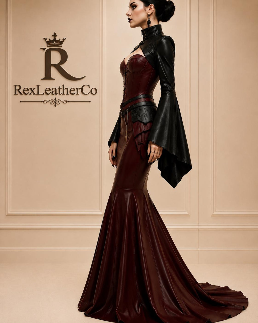 Burgundy Leather Mermaid Dress, Gothic Corset Gown, Black Leather Bolero, Handmade Fetish Fashion, Custom Leather Costume