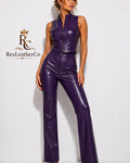 Purple Leather Two Piece Set, Fitted Vest, High Waist Trousers, Handmade Outfit