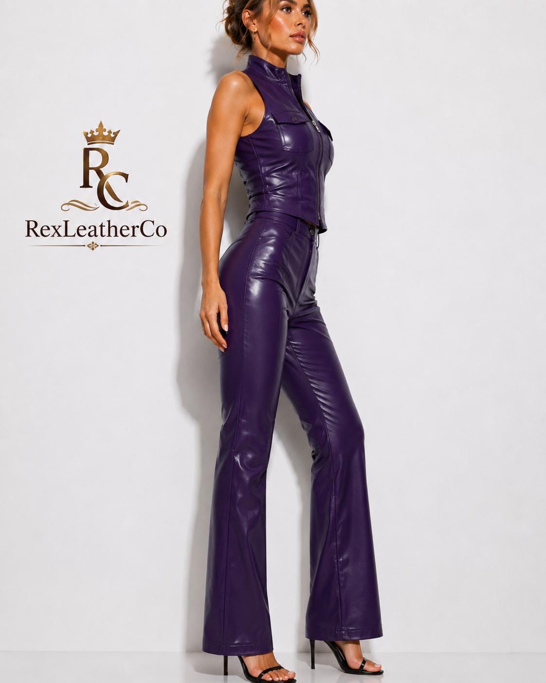 Purple Leather Two Piece Set, Fitted Vest, High Waist Trousers, Handmade Outfit