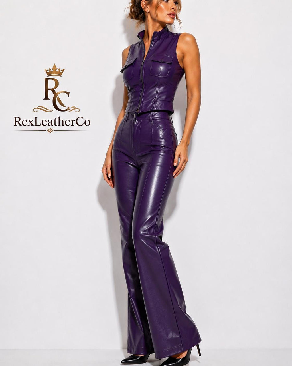 Purple Leather Two Piece Set, Fitted Vest, High Waist Trousers, Handmade Outfit