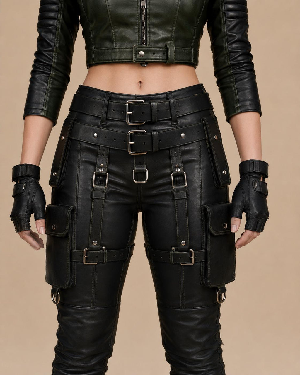 Green Black Leather Tactical Biker Jacket and Utility Pants Set, Handmade Costume