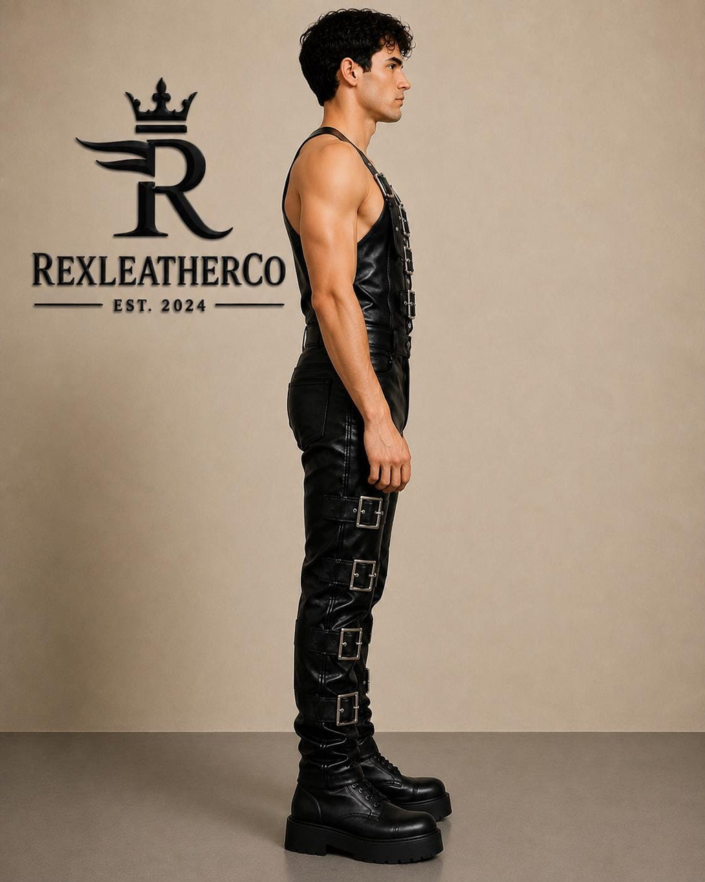 Men's Black Genuine Leather Jumpsuit, Buckle Strap Biker Outfit, Gothic Costume