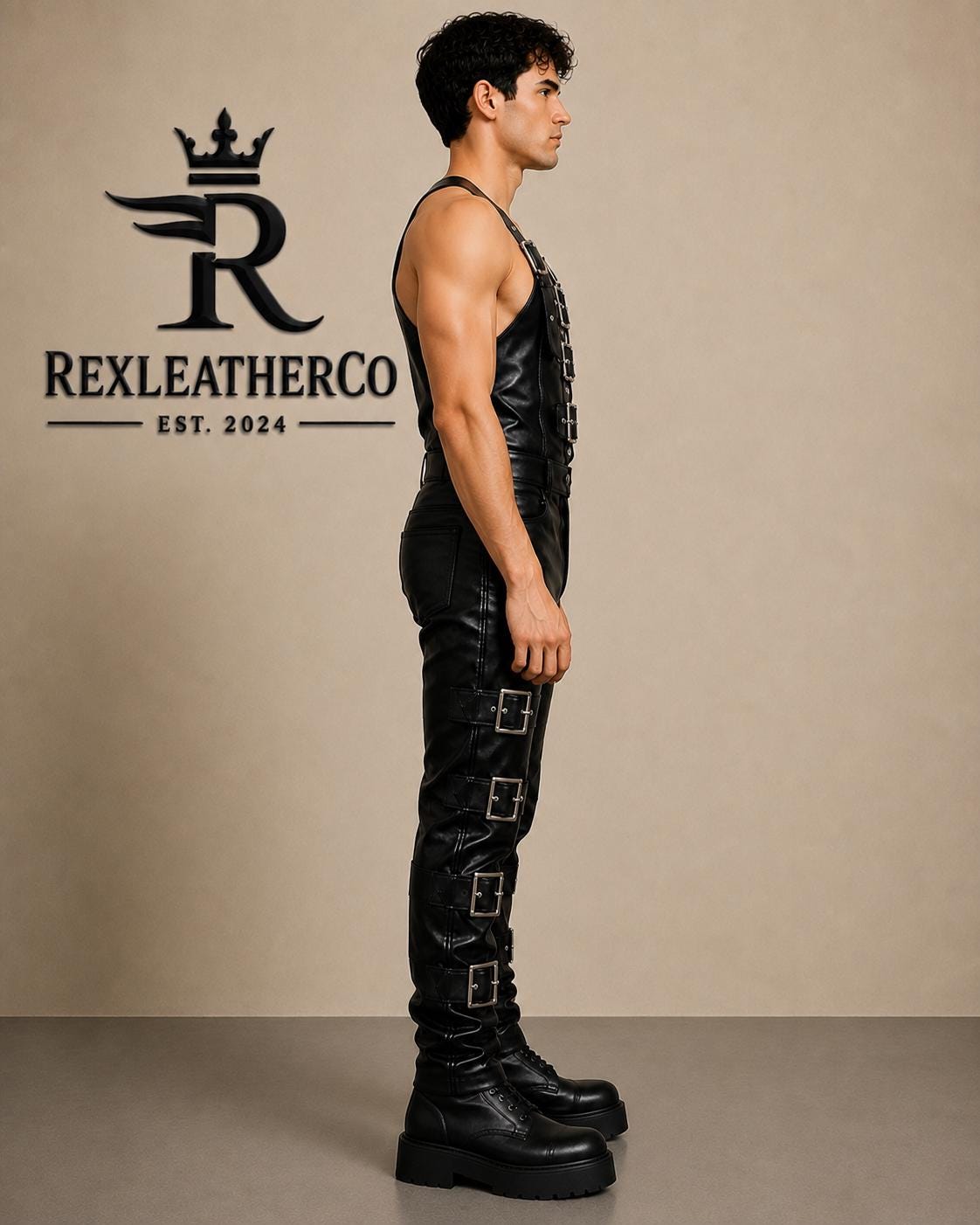 Men's Black Genuine Leather Jumpsuit, Buckle Strap Biker Outfit, Gothic Costume