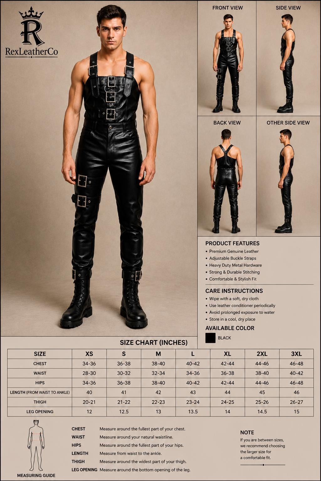 Men's Black Genuine Leather Jumpsuit, Buckle Strap Biker Outfit, Gothic Costume