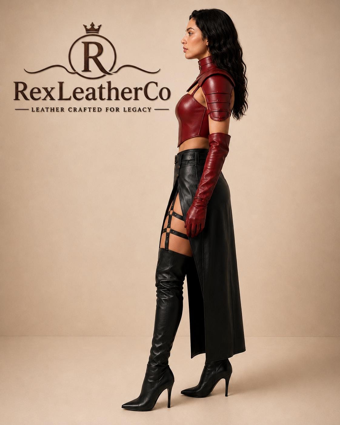 Red Leather Corset Top and Shoulder Armor, Gothic Fantasy Cosplay Outfit