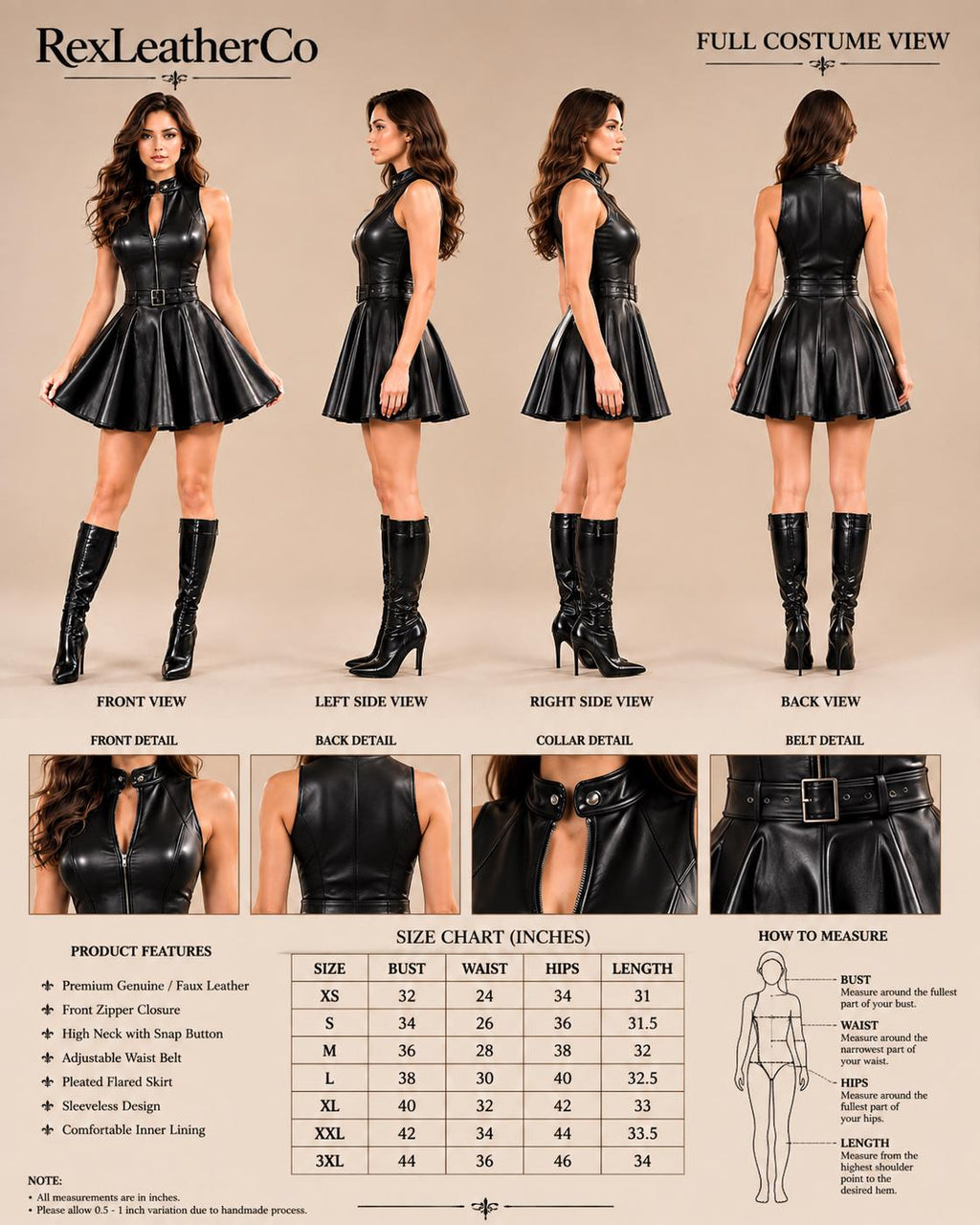 Handmade Black Genuine Leather Skater Dress, Gothic Zip Front Mini Outfit