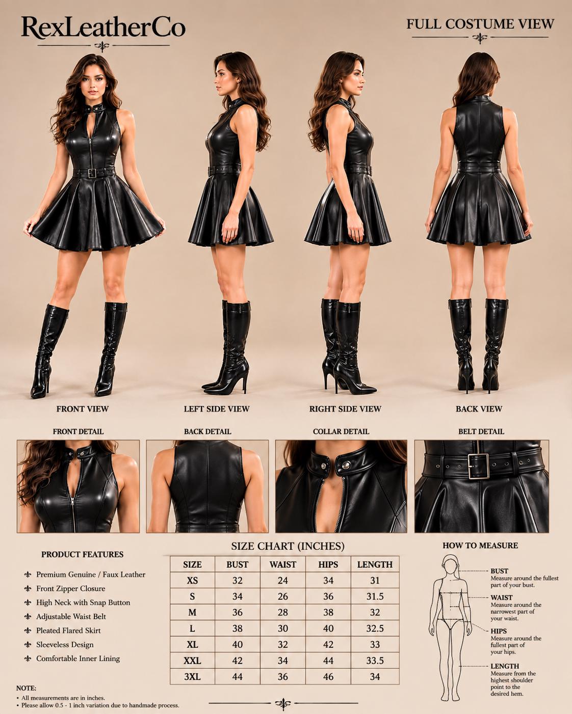 Handmade Black Genuine Leather Skater Dress, Gothic Zip Front Mini Outfit
