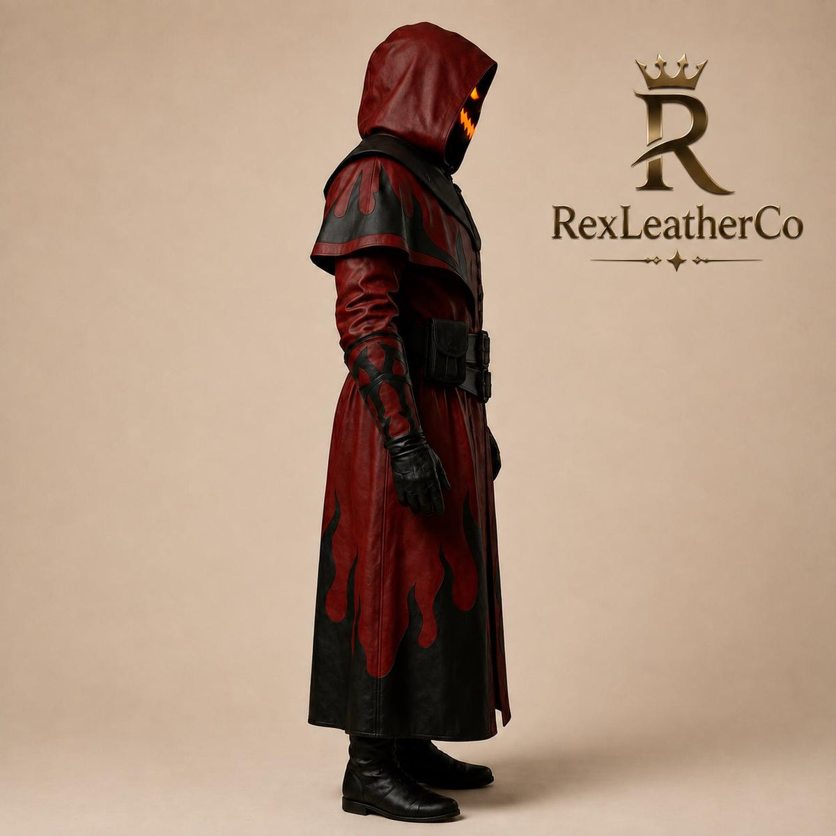Red Black Leather Hooded Long Coat, Flame Gothic Fantasy Cosplay Costume