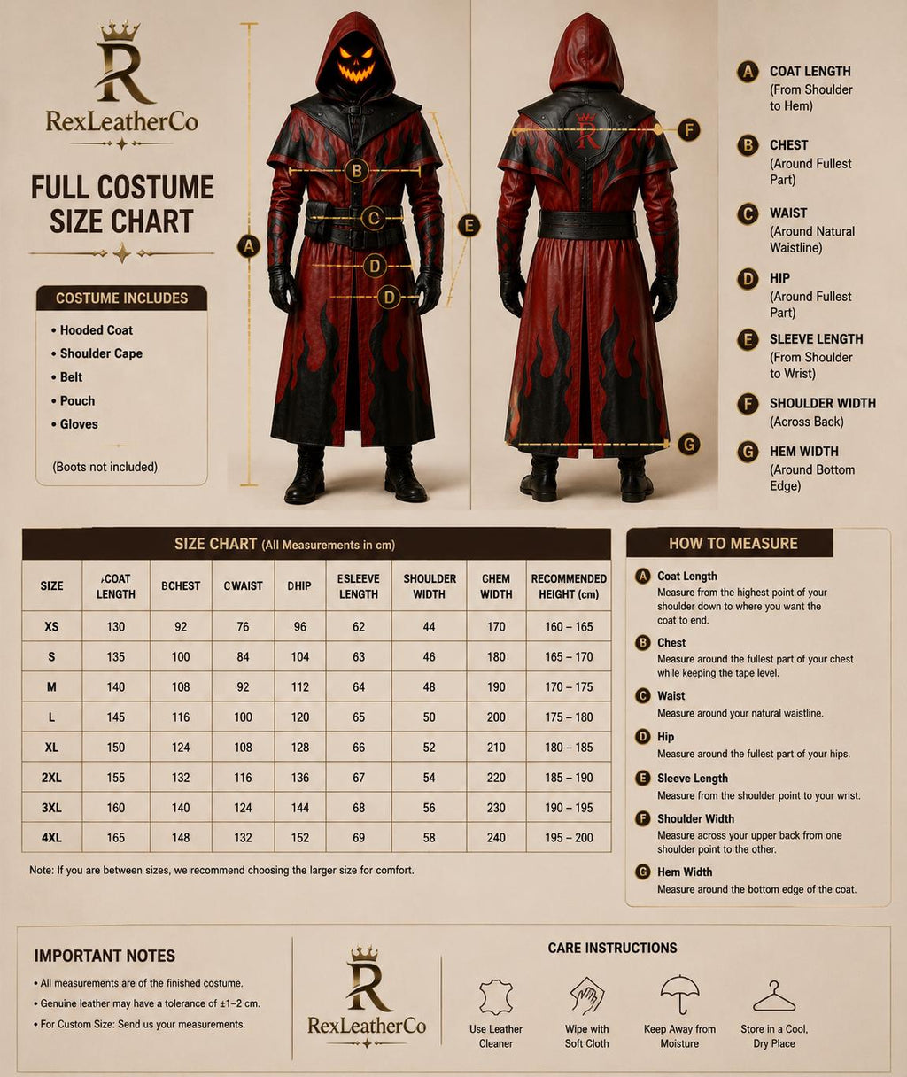 Red Black Leather Hooded Long Coat, Flame Gothic Fantasy Cosplay Costume