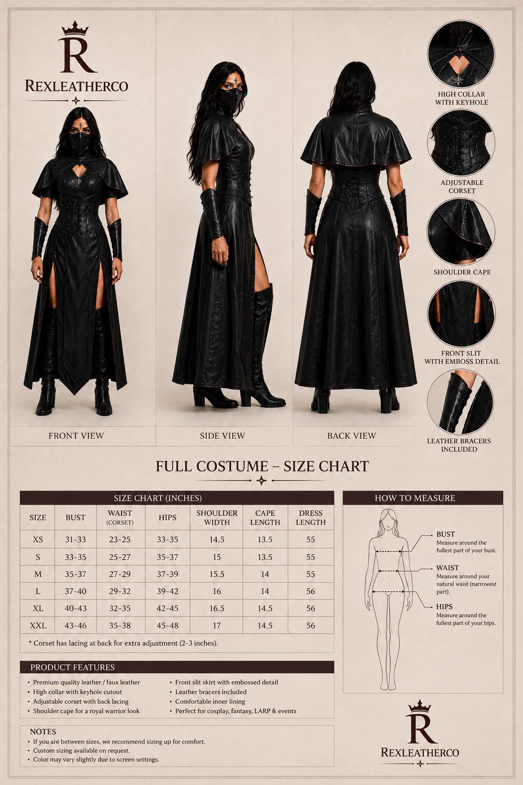 Handmade Black Leather Warrior Costume, Gothic Fantasy Dress, Cosplay Armor (Custom Sizing)