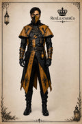 Men's Black Gold Leather Steampunk Costume, Victorian Gothic Long Coat, Cosplay Armor