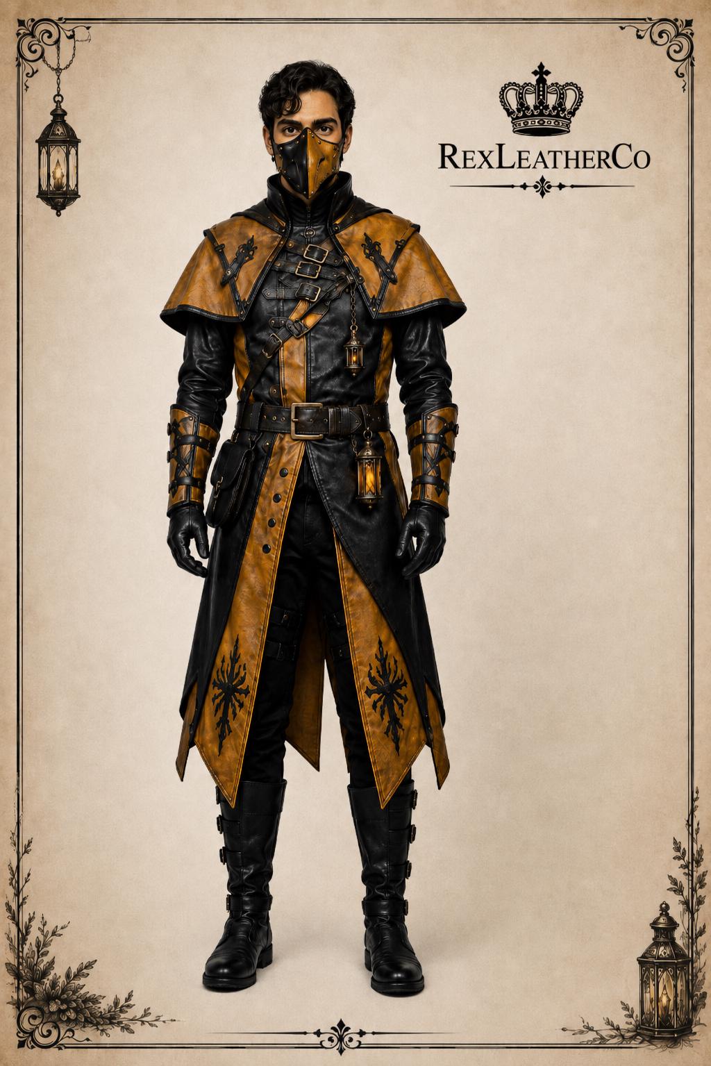 Men's Black Gold Leather Steampunk Costume, Victorian Gothic Long Coat, Cosplay Armor
