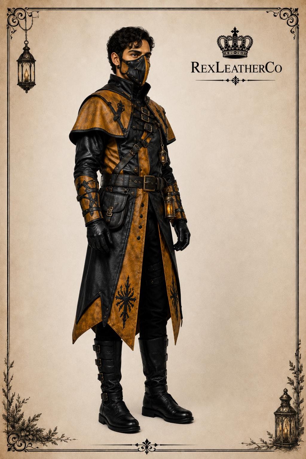 Men's Black Gold Leather Steampunk Costume, Victorian Gothic Long Coat, Cosplay Armor