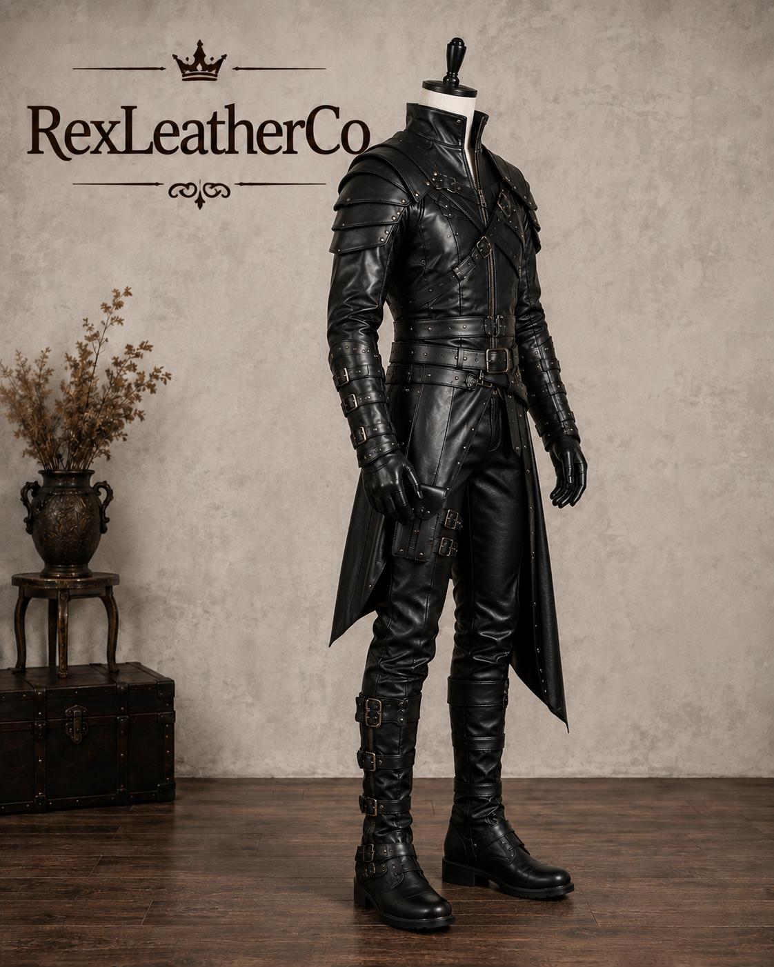 Handmade Black Leather Fantasy King Costume, Gothic Medieval Armor, Gold Detailing (Men's)