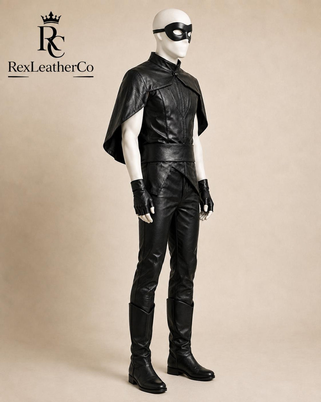 Handmade Black Leather Gothic Cosplay Costume, Cape, Mask, Gloves, Pants, Boots (Made-to-Order)