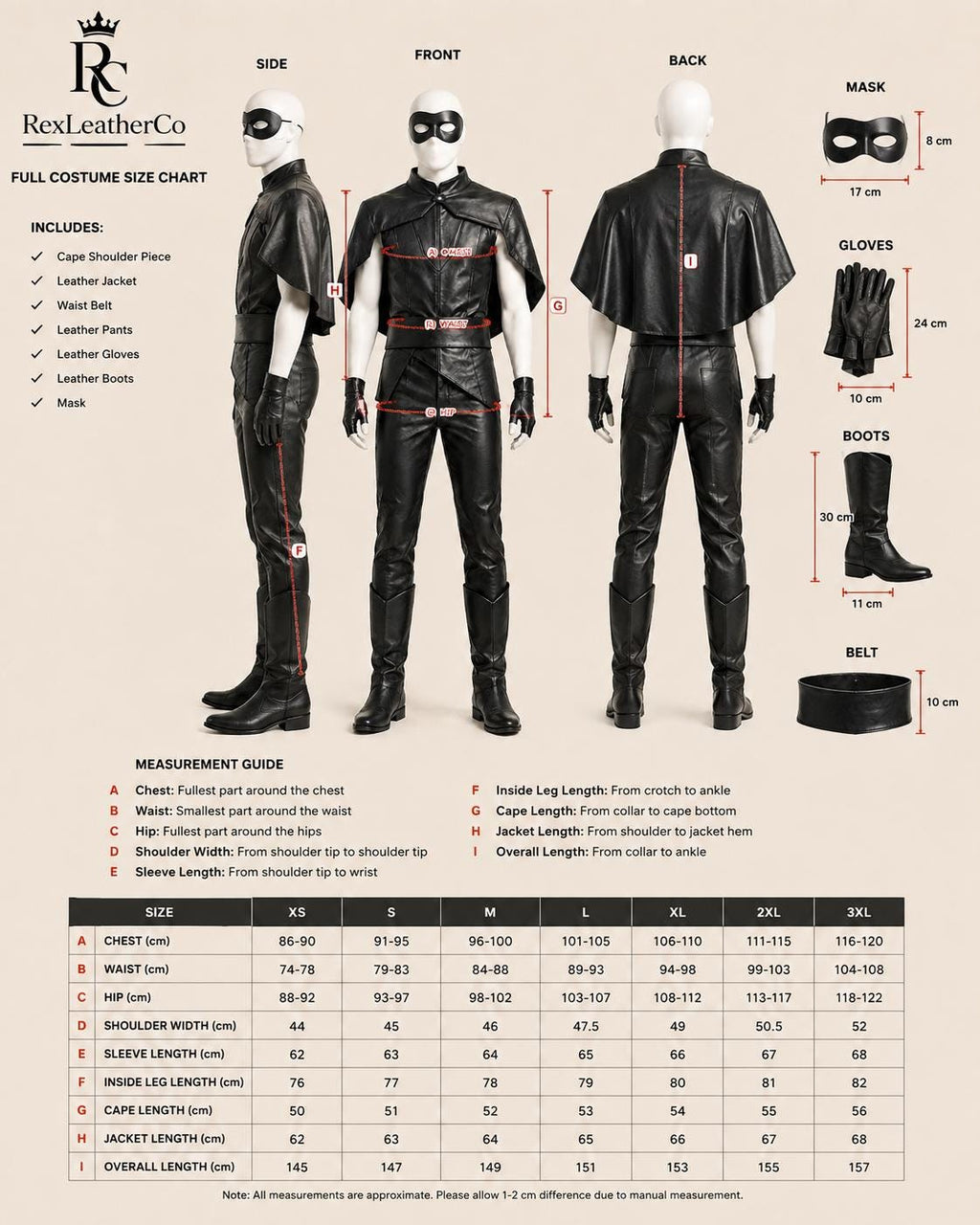 Handmade Black Leather Gothic Cosplay Costume, Cape, Mask, Gloves, Pants, Boots (Made-to-Order)